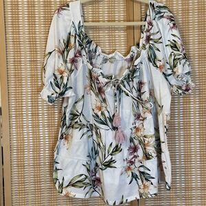 Lily White Womens 3X Top Floral Stretch Boho Peasant Gathered Ruffle Fairycore